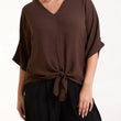 Load image into Gallery viewer, V-Neck Centre Front Tie Hem Blouse - Brown