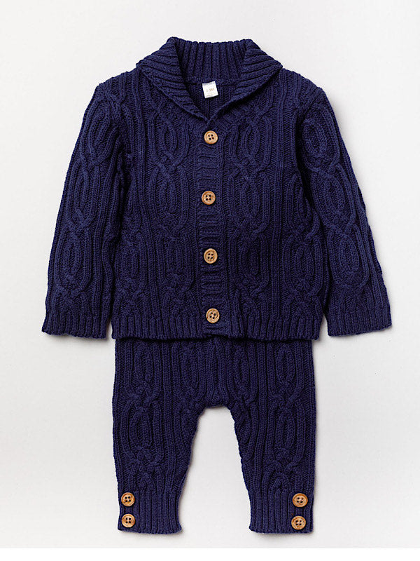2 Piece Centred Buttoned Knitted Collar Set - Navy
