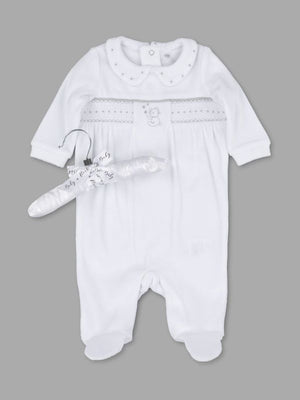 Smocked Teddy Motif Sleepsuit - White