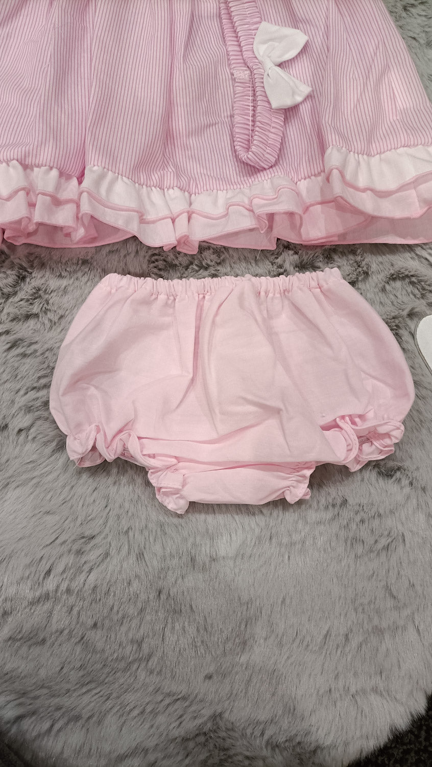 3 Piece Pinstripe Bow Dress - Pink/White