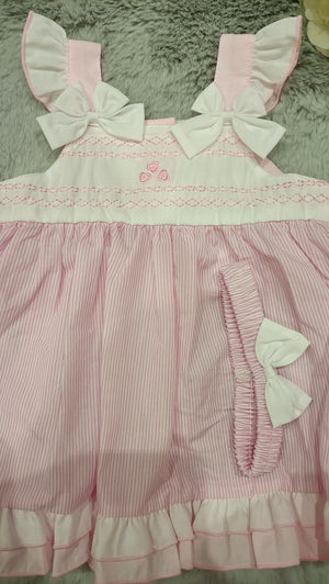 3 Piece Pinstripe Bow Dress - Pink/White