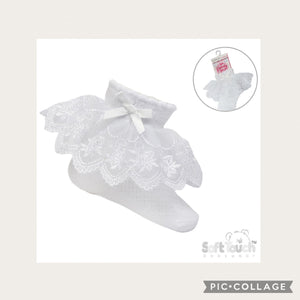 Frilly Lace Bow Ankle Socks - White