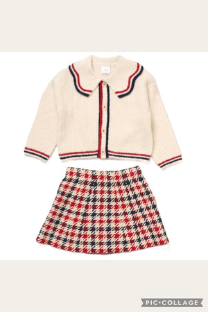 Girls True Knit Cardigan & Skirt - Cream/Red