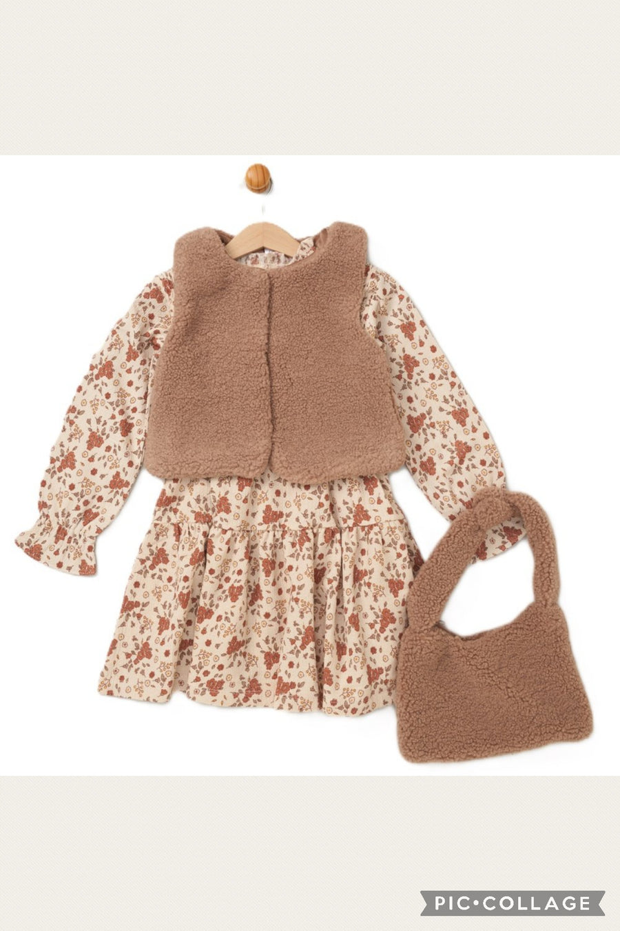 Girls Borg Gilet, Handbag & Floral Dress - Beige
