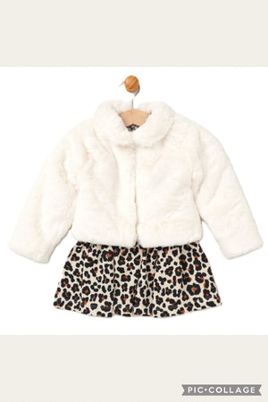Girls Faux Fur Jacket & Dress Set - Leopard