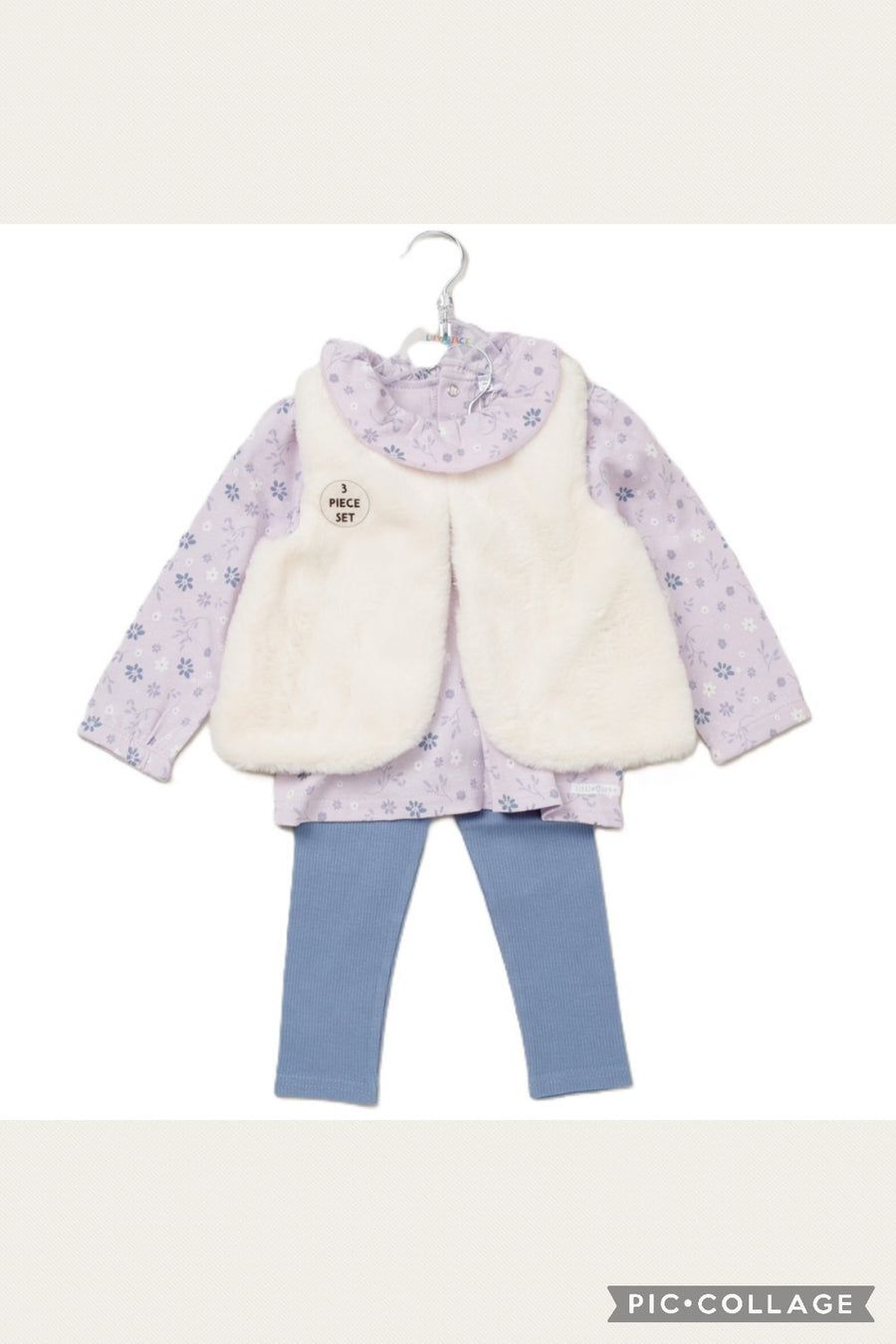 Baby Girls Faux Fur Gilet, Top & Leggings Set - Purple/Blue