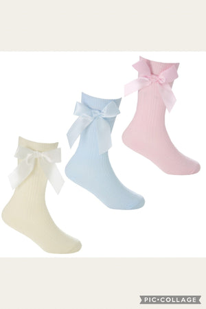 Knee Socks With Bow - Cream, Blue or Pink