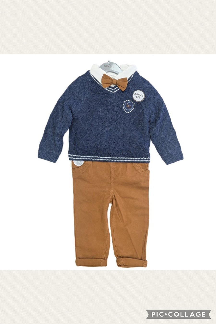 Boys 4 Piece Set With Jumper, Shirt, Bowtie & Pants - Blue/Tan