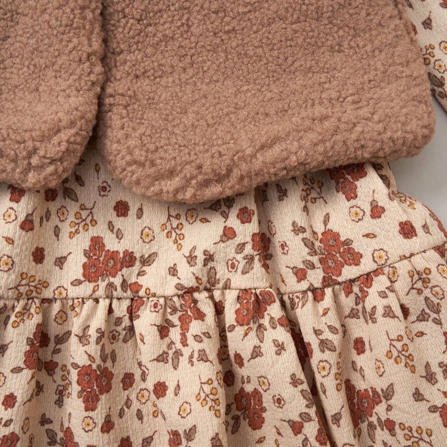 Girls Borg Gilet, Handbag & Floral Dress - Beige