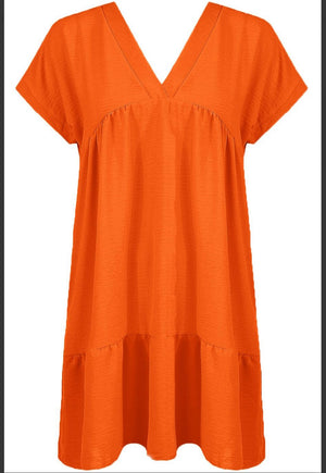 Plain V-Neck Smock Dress - Orange