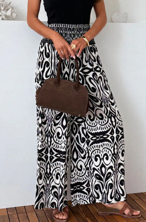 Zaika Damask Swirl Print Wide Leg Trousers - Black