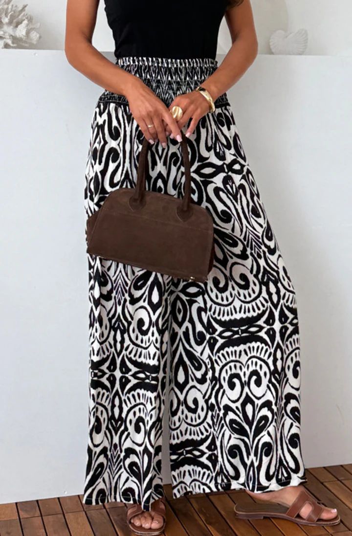 Zaika Damask Swirl Print Wide Leg Trousers - Black
