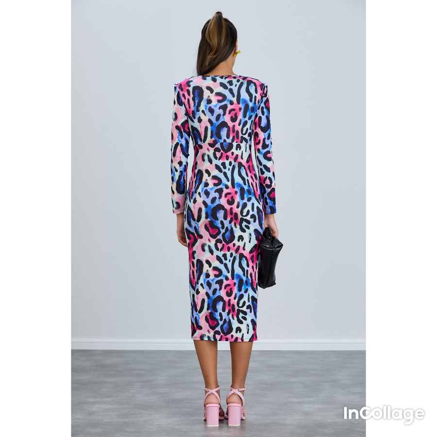 Long Sleeve Twist Front Midi Dress - Blue Leopard