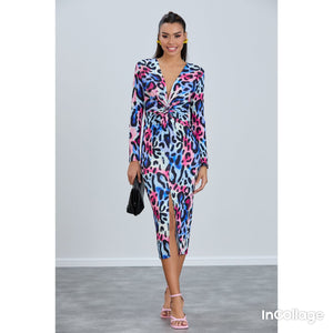 Long Sleeve Twist Front Midi Dress - Blue Leopard