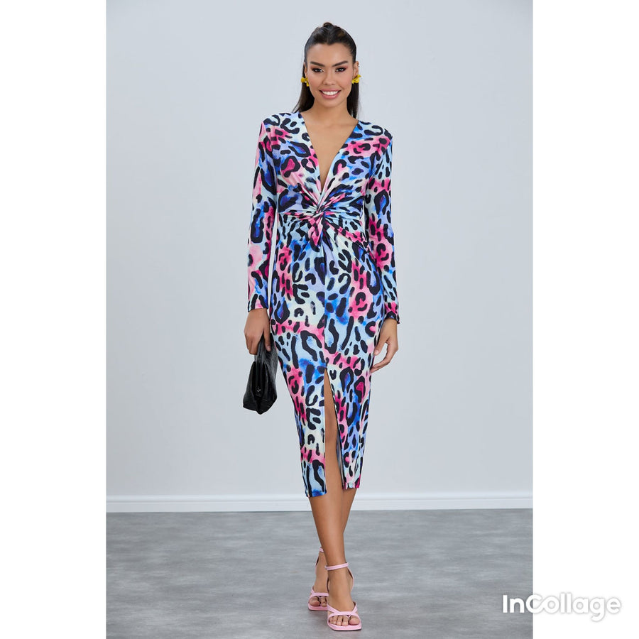 Long Sleeve Twist Front Midi Dress - Blue Leopard