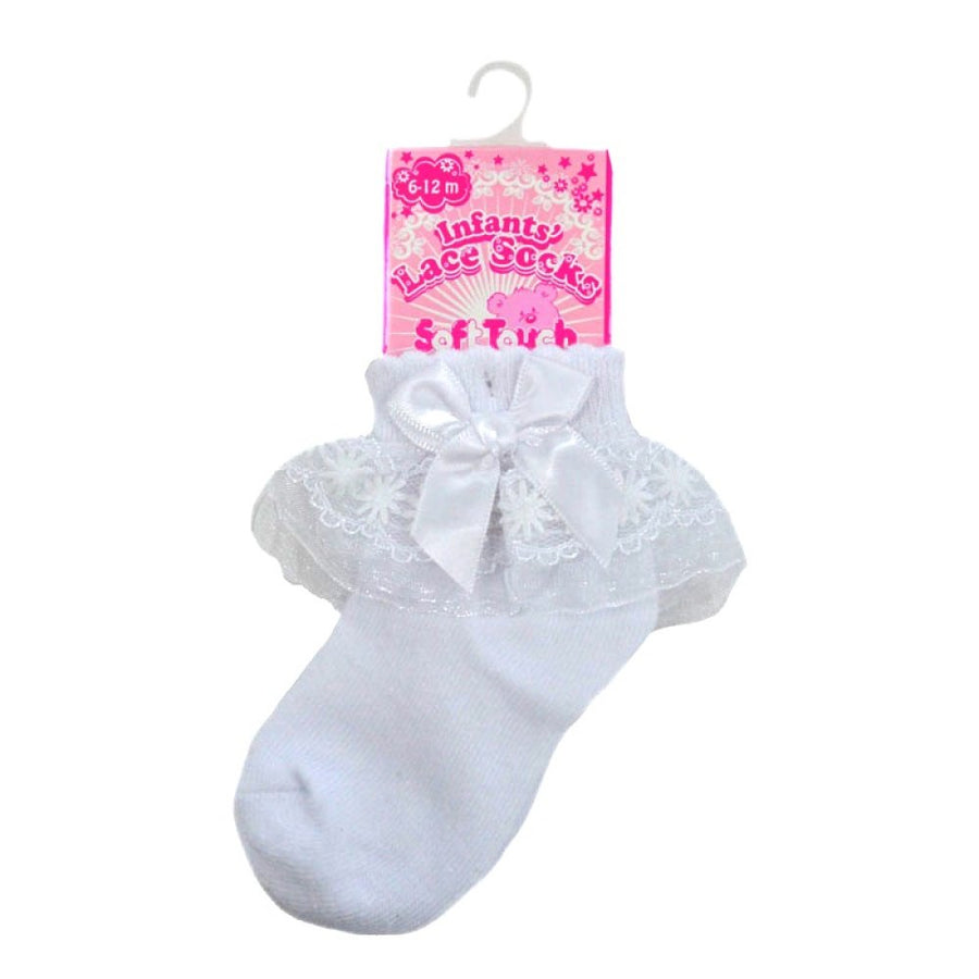 Girls Lace Socks With Flower Trim - White