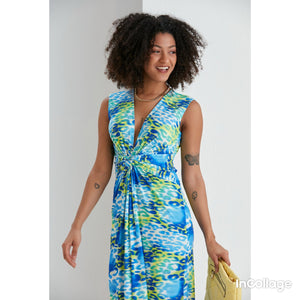 Sleeveless Twist Front Maxi Dress - Blue Leopard