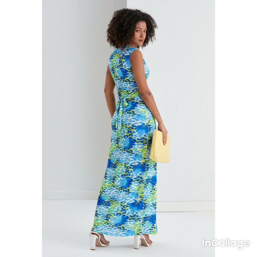 Sleeveless Twist Front Maxi Dress - Blue Leopard