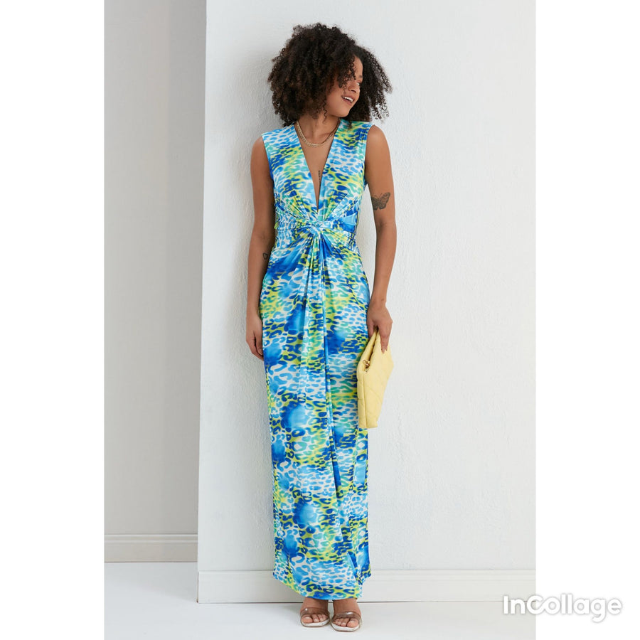 Sleeveless Twist Front Maxi Dress - Blue Leopard