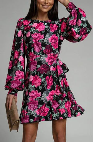 Amelia Floral Front Wrap Tie Up Dress - Pink