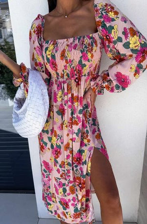 Angelica Shirred Floral Side Slit Midaxi Dress - Multi