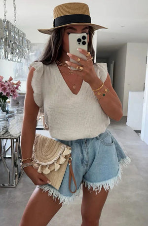 Aria Frill Sleeve Cotton Gauze Top - Stone