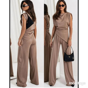 Asymmetric Hem Top & Wide Leg Trousers - Taupe