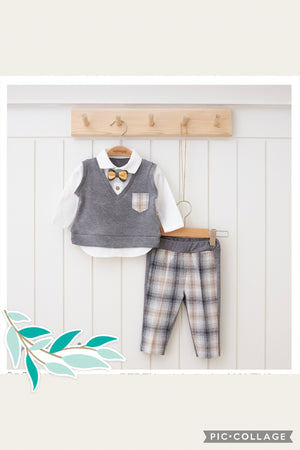 Boys 2 Piece Checked Trousers & Jumper With Bow Tie - Grey
