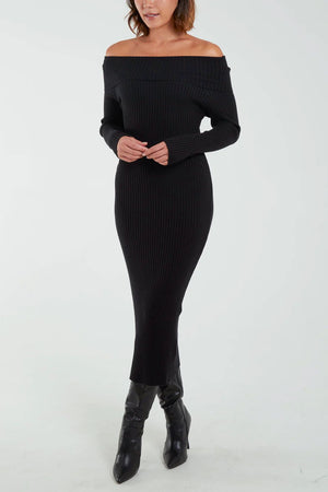 Bardot Ribbed Bodycon Midi Dress - Black