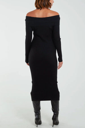 Bardot Ribbed Bodycon Midi Dress - Black