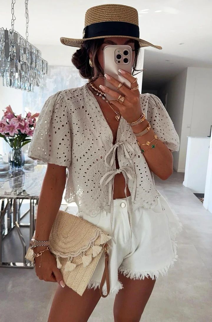 Belle Broderie Style Scalloped Hem Tie Up Top - Stone