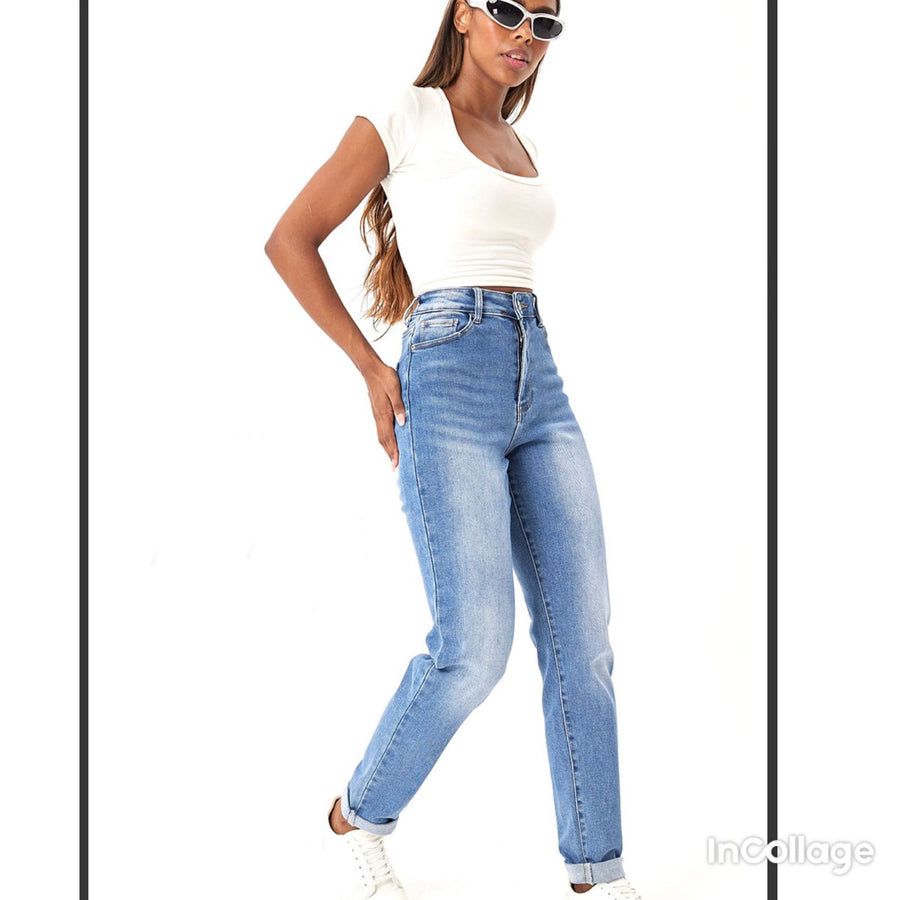 Blue Washed High Waisted Mom Jeans - Blue