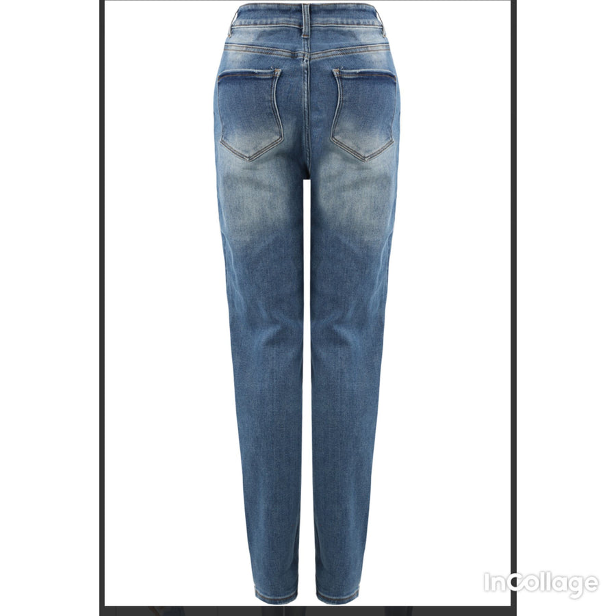 Blue Washed High Waisted Mom Jeans - Blue