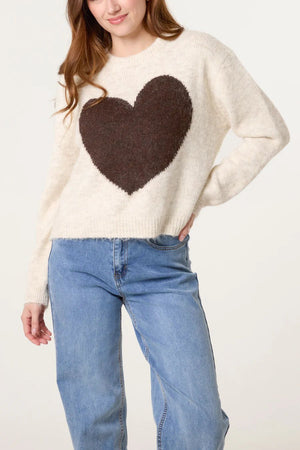 Bold Heart Crew Neck Knit Jumper - Stone/Choc – Tilly's Hull