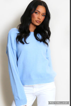 Bow Back Jumper With Contrast Edging - Blue