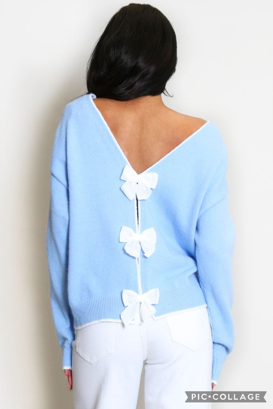 Bow Back Jumper With Contrast Edging - Blue