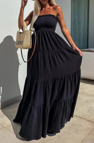 Cassie Shirred Bandeau Tiered Maxi Dress - Black