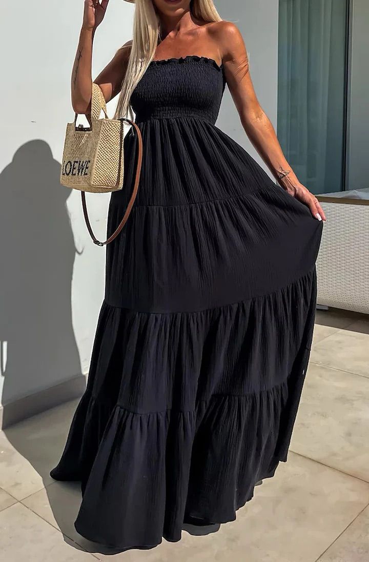 Cassie Shirred Bandeau Tiered Maxi Dress - Black
