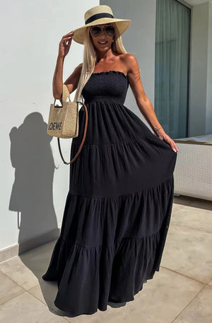 Cassie Shirred Bandeau Tiered Maxi Dress - Black
