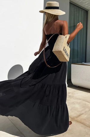 Cassie Shirred Bandeau Tiered Maxi Dress - Black