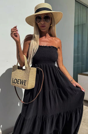 Cassie Shirred Bandeau Tiered Maxi Dress - Black
