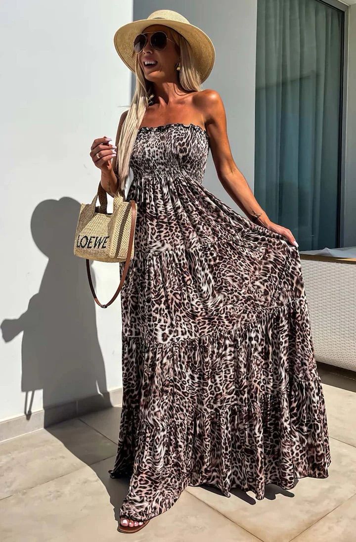 Cassie Shirred Bandeau Tiered Maxi Dress - Brown
