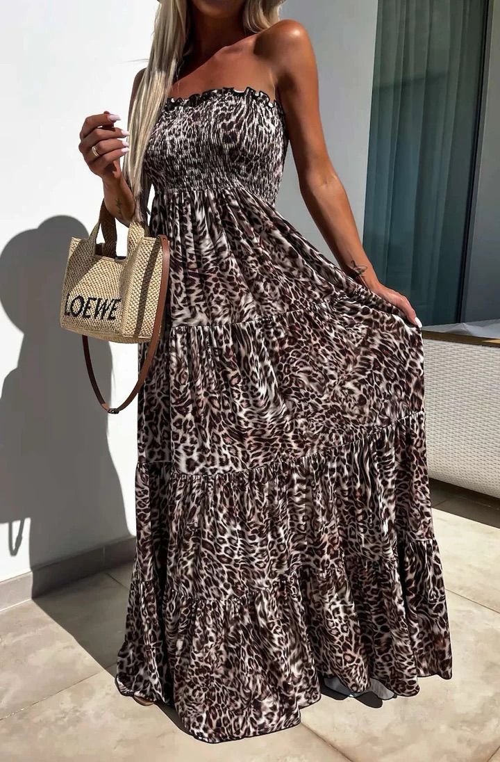 Cassie Shirred Bandeau Tiered Maxi Dress - Brown