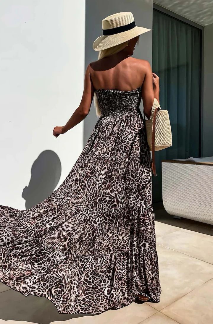 Cassie Shirred Bandeau Tiered Maxi Dress - Brown