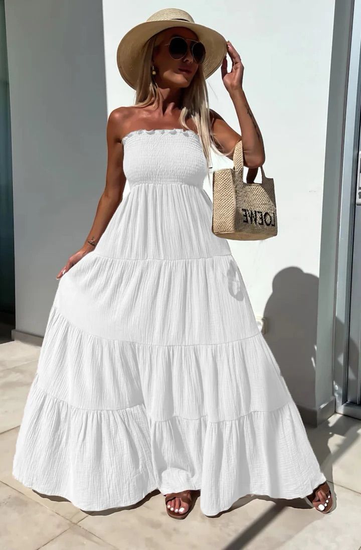 Cassie Shirred Bandeau Tiered Maxi Dress - Ivory