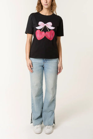 Cherry Heart & Bow T-Shirt - Black