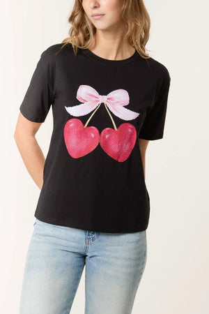Cherry Heart & Bow T-Shirt - Black