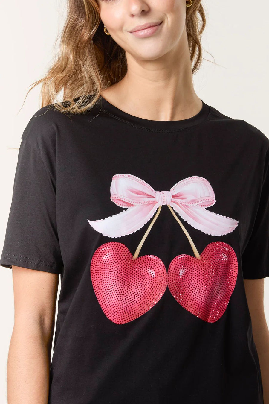 Cherry Heart & Bow T-Shirt - Black
