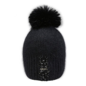 Decorative Perlies Accent Pom Pom Hat - Black