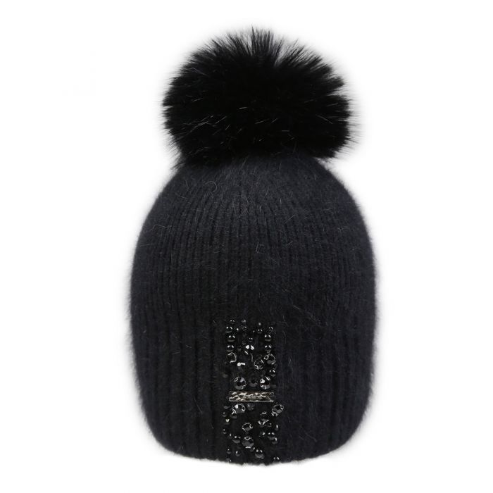 Decorative Perlies Accent Pom Pom Hat - Black